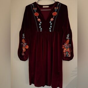 ROILI NET burgundy velvet dress puffed sleeves embroidered flowers Boho Size S